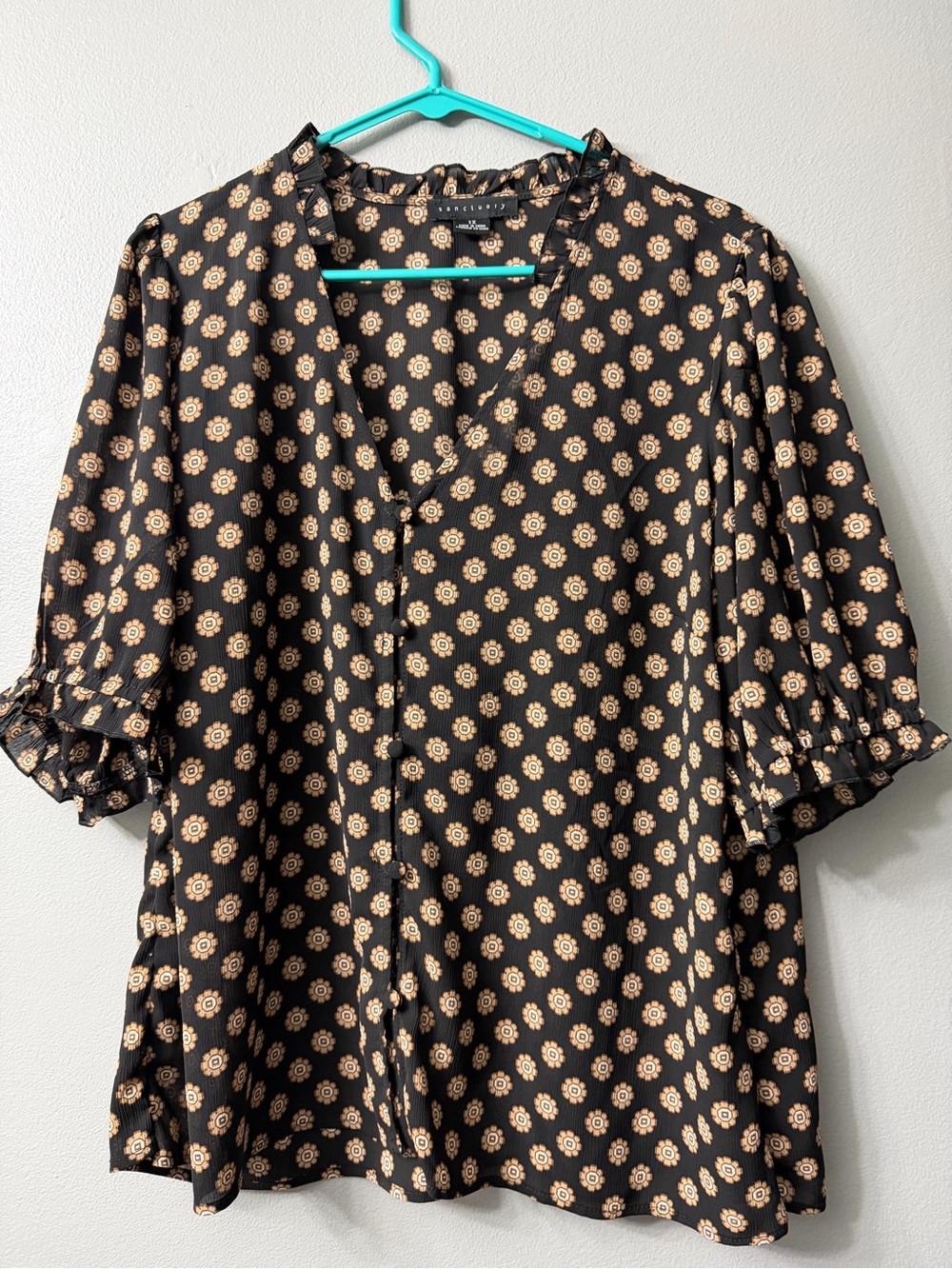 Sanctuary Women's Black Floral Print Puff Sleeve Blouse 1x